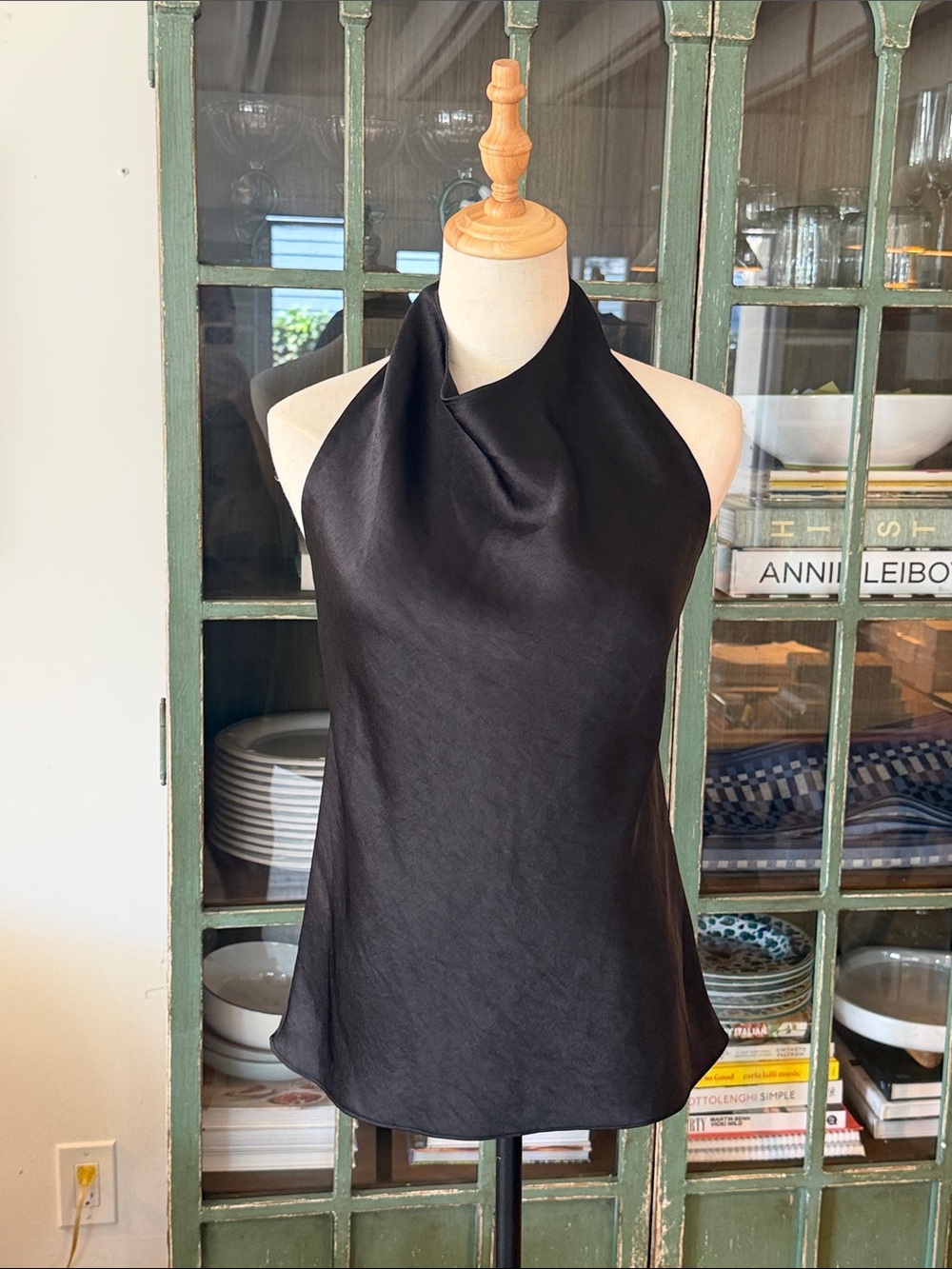 Vince Black Satin Cowl Neck Halter Top Open Back Size M NWT